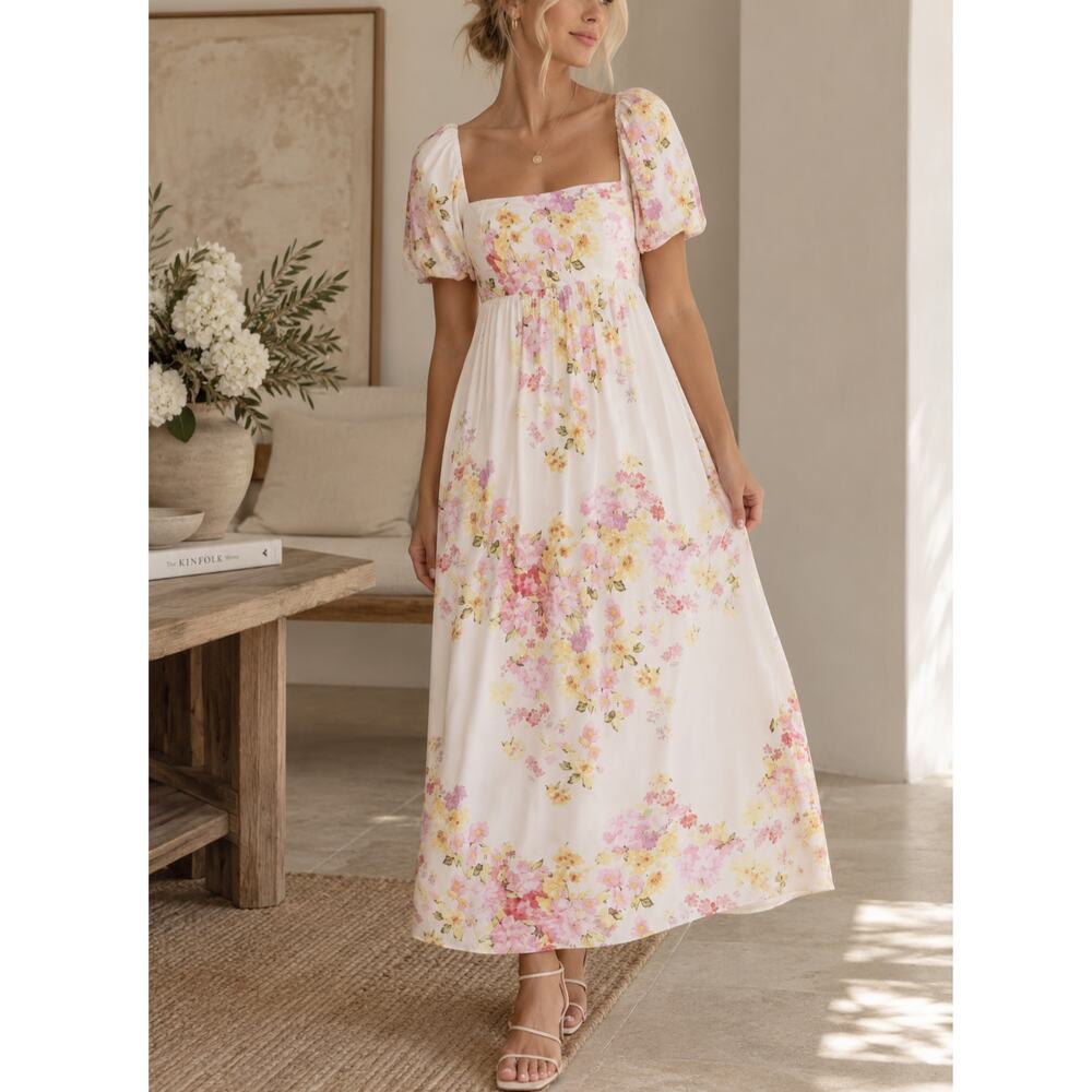 Petal & Pup Delaney Pink Floral Maxi Dress Puff Sleeve Empire Wedding guest Boho